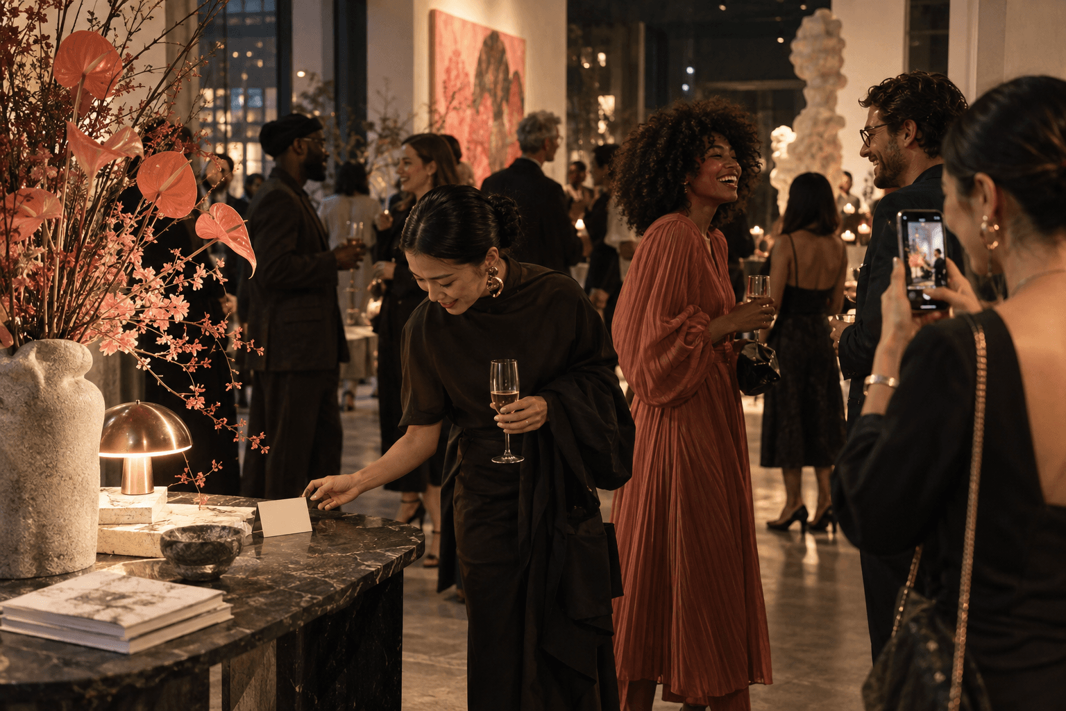 Guests share photographs at a stylish cultural event