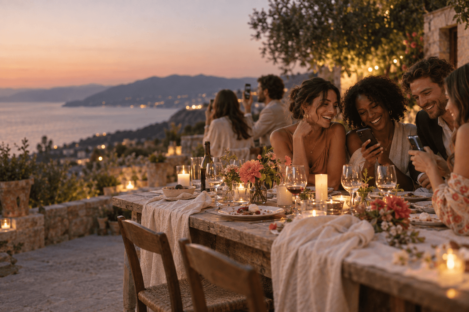 Wedding guests sharing photographs during an elegant outdoor dinner